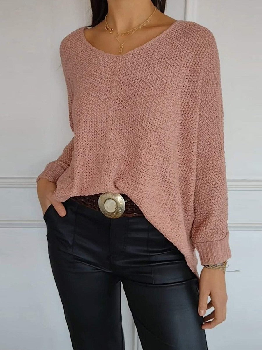 Casual Plain V-neck Knitted Long Sleeve Sweater