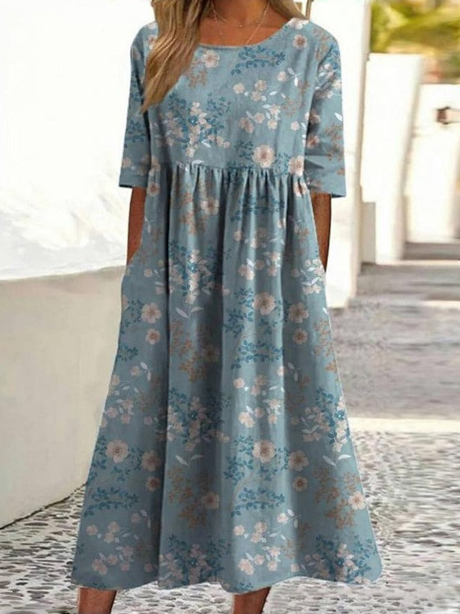 Vintage Floral Print Round Neck Half Sleeve Dress