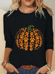 Halloween Pumpkin Print Crew Neck Long Sleeve Blouse