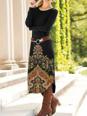 Black Floral Print Round Neck Midi Dress