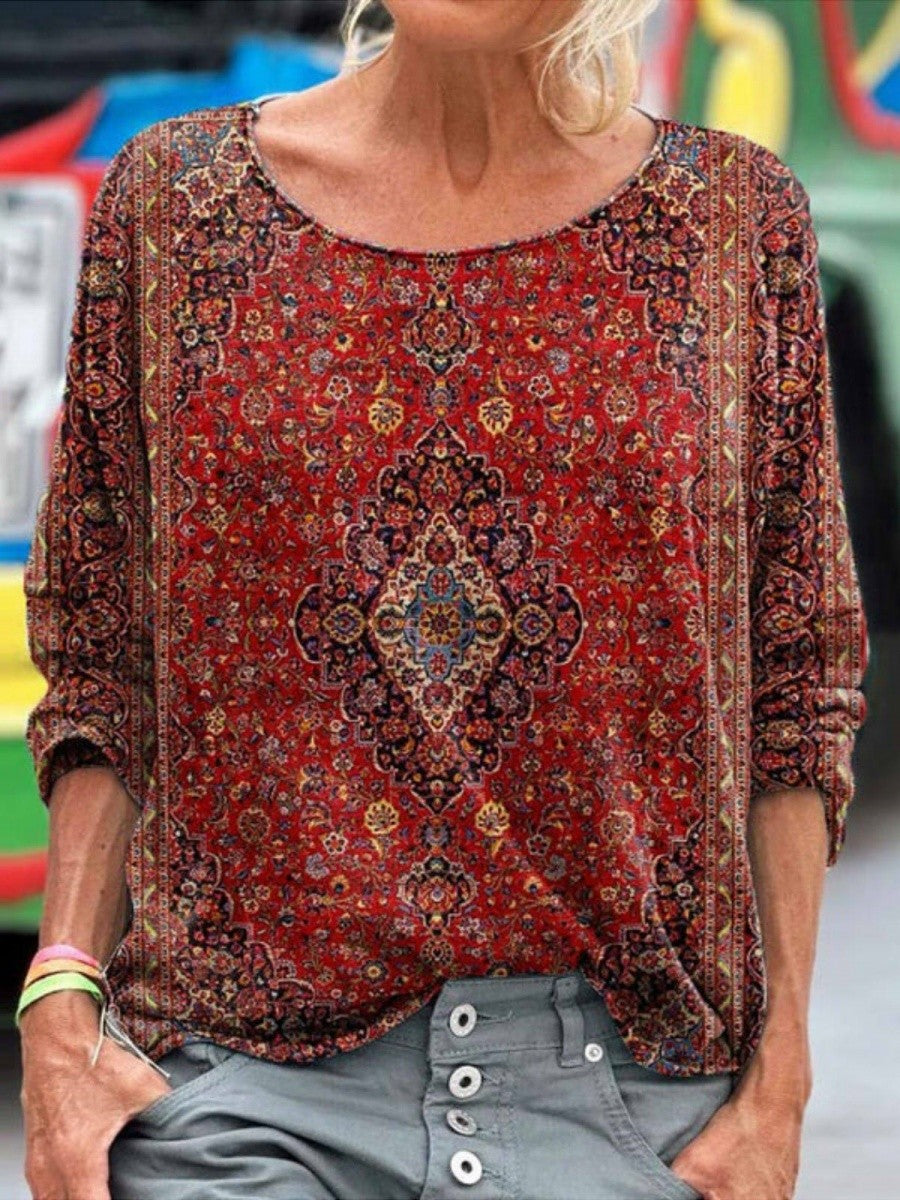 Ethnic Round Neck Long Sleeve Comfy T-Shirt
