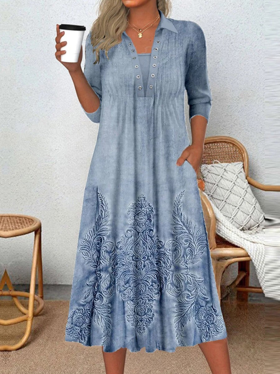 Long Sleeved Round Neck Pattern Print Mid Length Dress