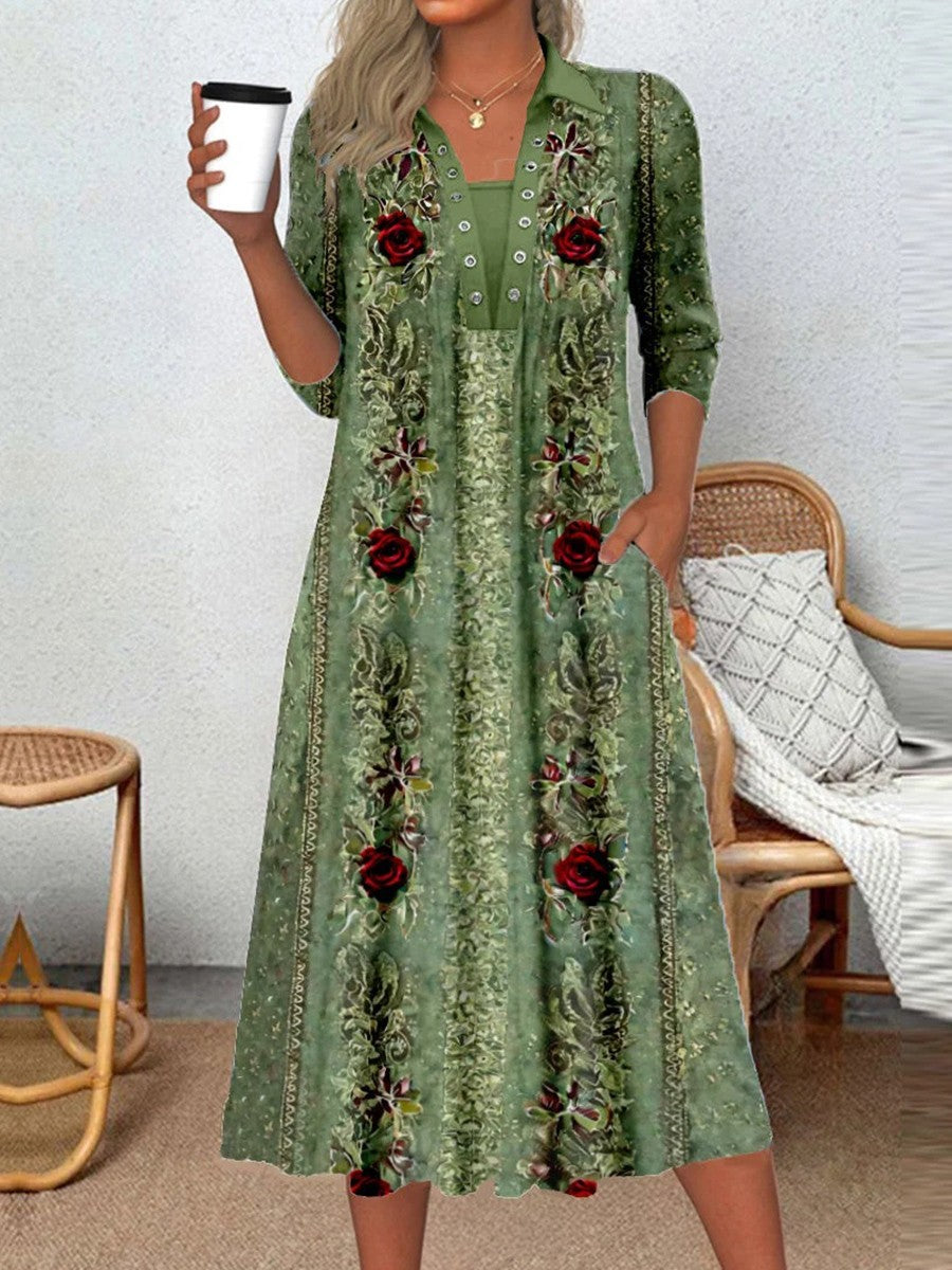 Long Sleeved Round Neck Floral Pattern Print Mid Length Dress