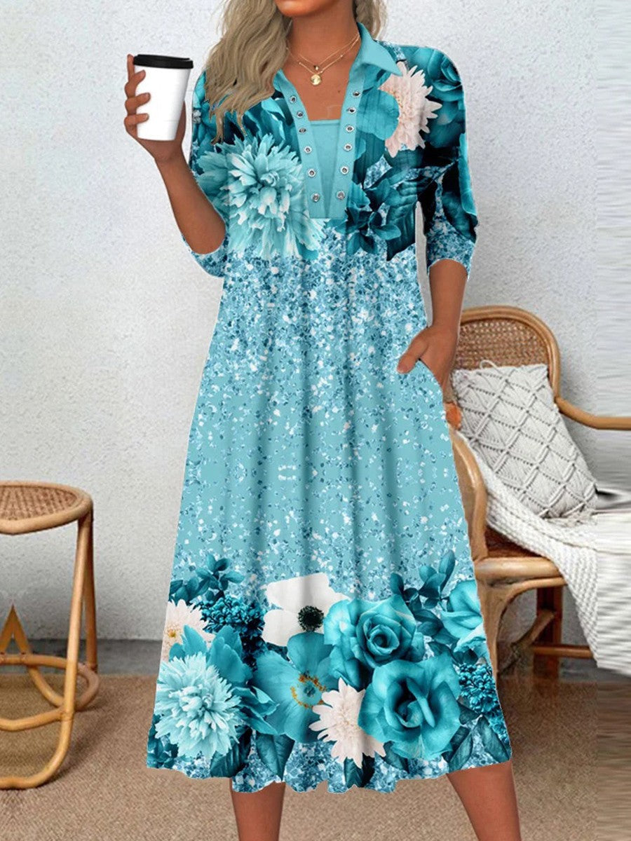 Long Sleeve Scoop Neck Graphic Floral Midi Dress