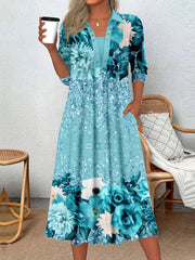 Long Sleeve Scoop Neck Graphic Floral Midi Dress