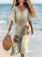 Vintage Floral V-neck Short Sleeve Cotton Dress