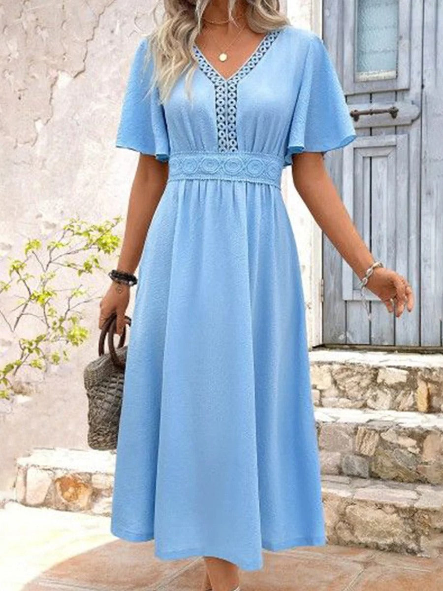 Blue Plain V-neck Short Sleeve Midi Dress
