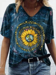 Vintage Floral Print V-neck Short Sleeve T-shirt
