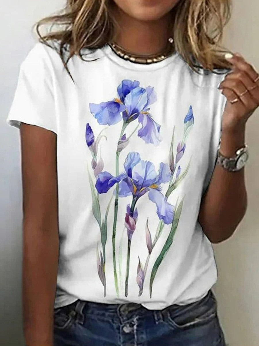 Flower Round Neck Short Sleeves Loose T-shirt