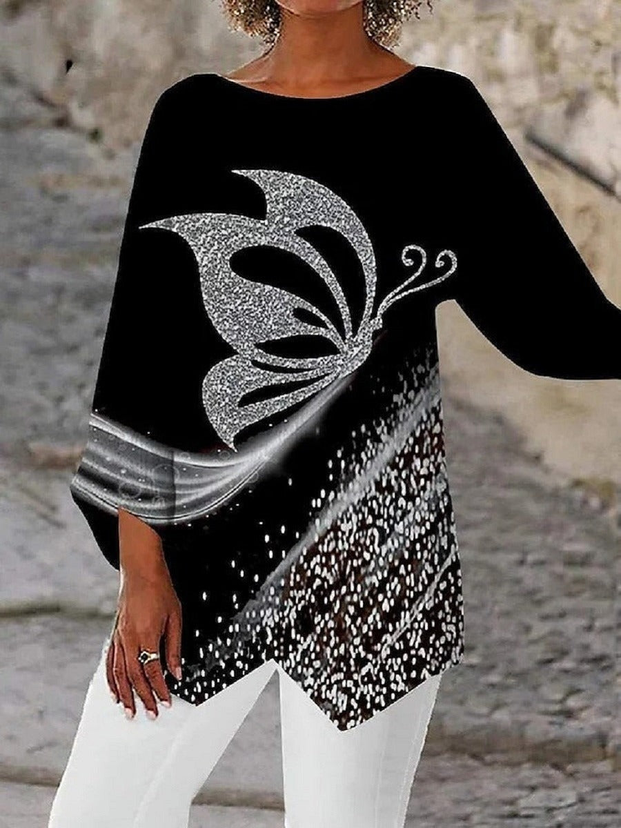 Butterfly Round Neck Long Sleeve Casual Blouse