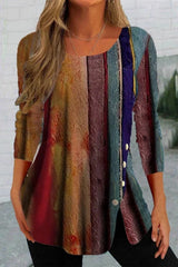 Crew Neck Striped Loose 3/4 Sleevess Casual T-Shirt
