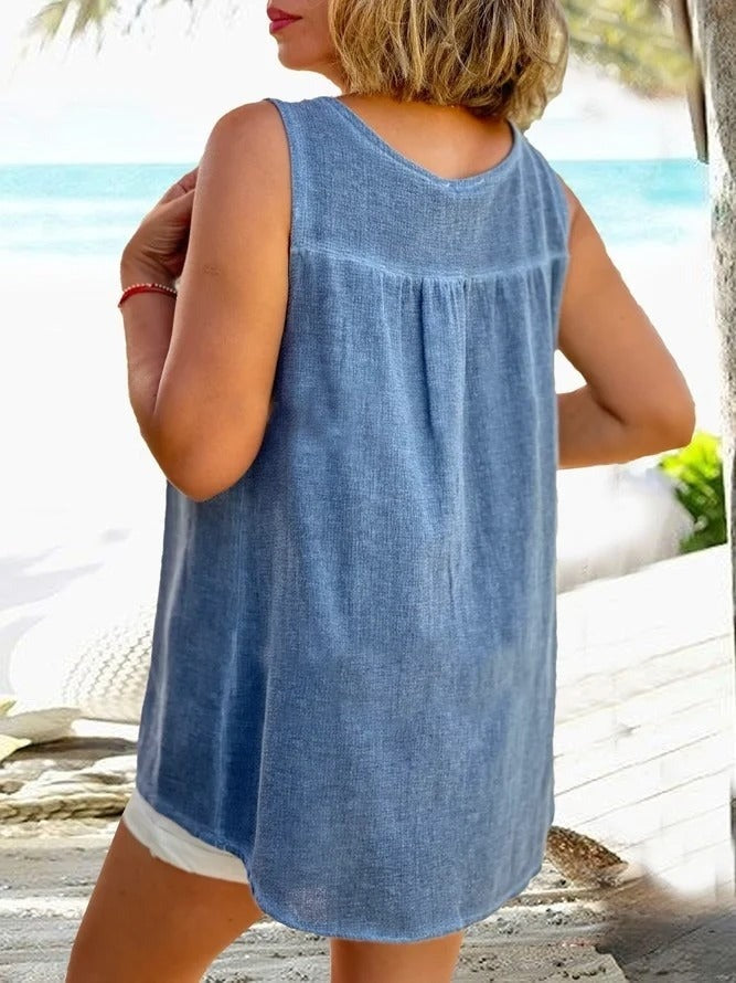Blue Cotton And Linen Casual Half Open Collar Tank Top