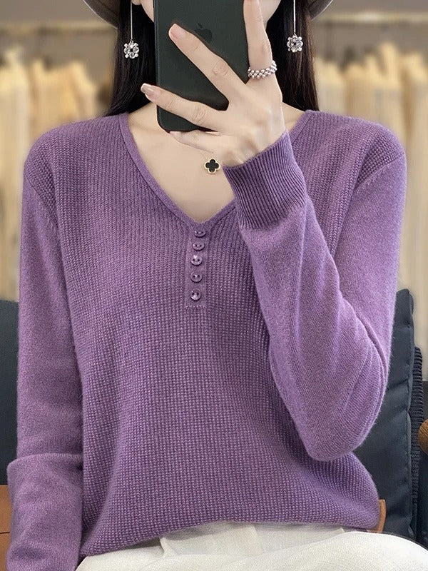 Casual Plain Long Sleeve V Neck Wool/Knitting Buckle Sweater
