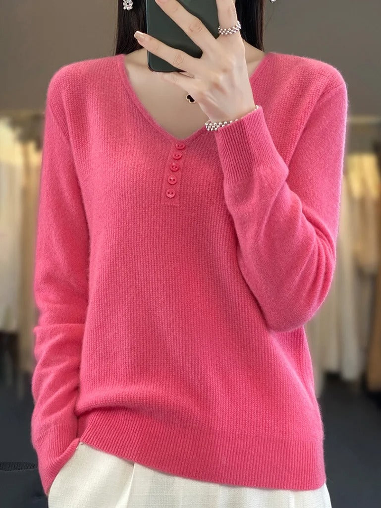 Casual Plain Long Sleeve V Neck Wool/Knitting Buckle Sweater