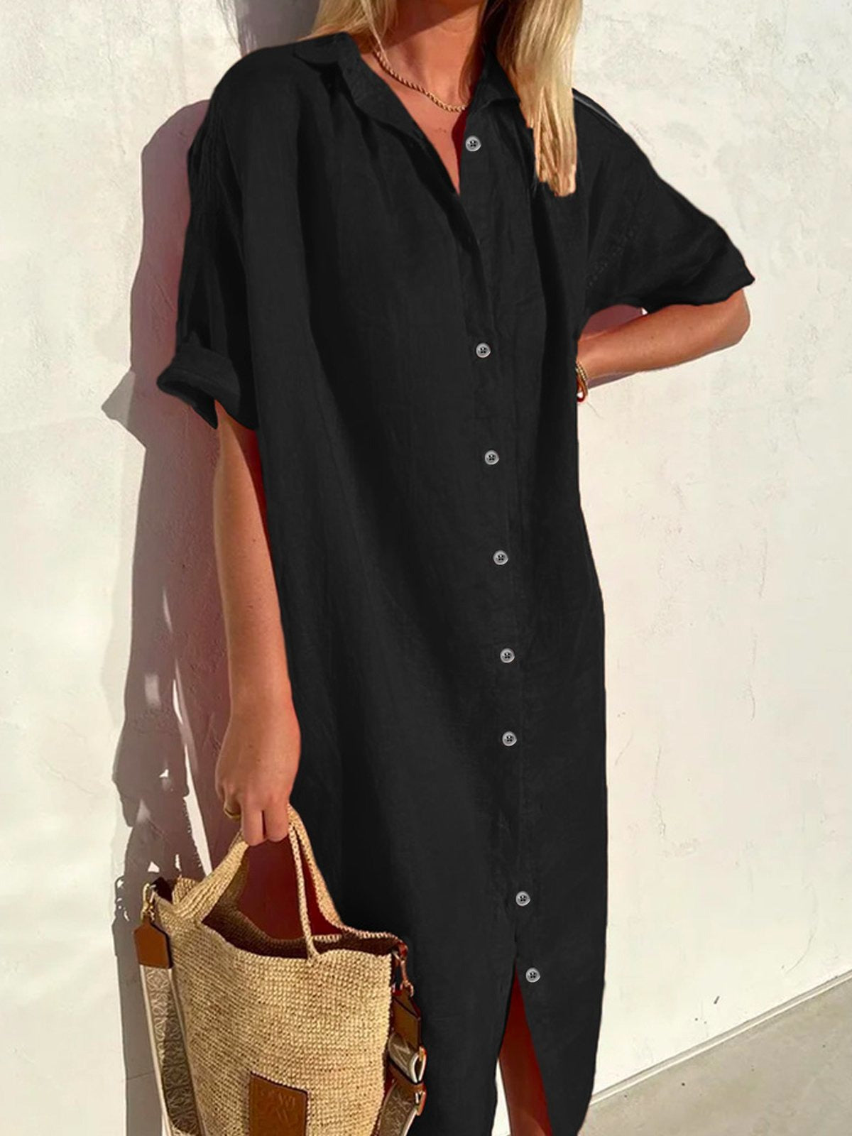 Cotton and Linen Half Sleeve Shirt Dress Maxi Button Down Spring Summer