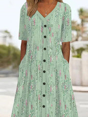 Women's Short Sleeve Summer Floral V Neck Midi Dress Casual A Line Green