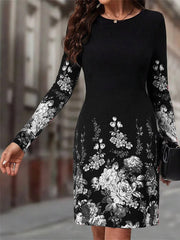 Long Sleeve Spring Fall Floral Crew Neck Midi H-Line Dress