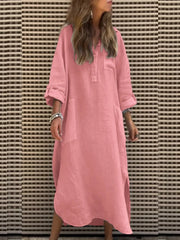 Long Sleeve Spring Fall Plain Buckle Shirt Collar Midi H-Line Dress