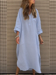 Long Sleeve Spring Fall Plain Buckle Shirt Collar Midi H-Line Dress