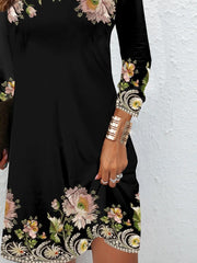 Floral Crew Neck Long Sleeve Comfy Casual Mini Dress