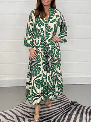 Geometric Shawl Collar Half Sleeve Comfy Casual Midi Dress