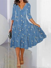 Floral V Neck Three Quarter Sleeve Comfy Casual Midi Dress
