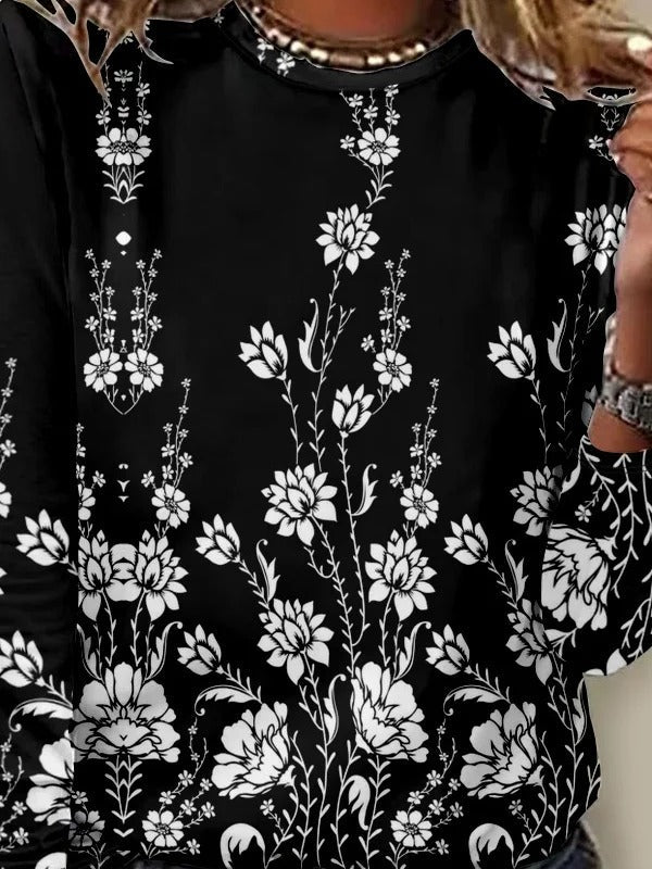 Floral Crew Neck Long Sleeve Loose T-shirt