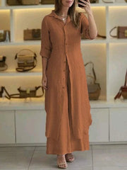 Plain Shawl Collar Long Sleeve Comfy Casual Top With Pants Two-Piece Set
