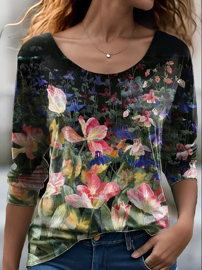 Floral Crew Neck Long Sleeve Loose T-shirt