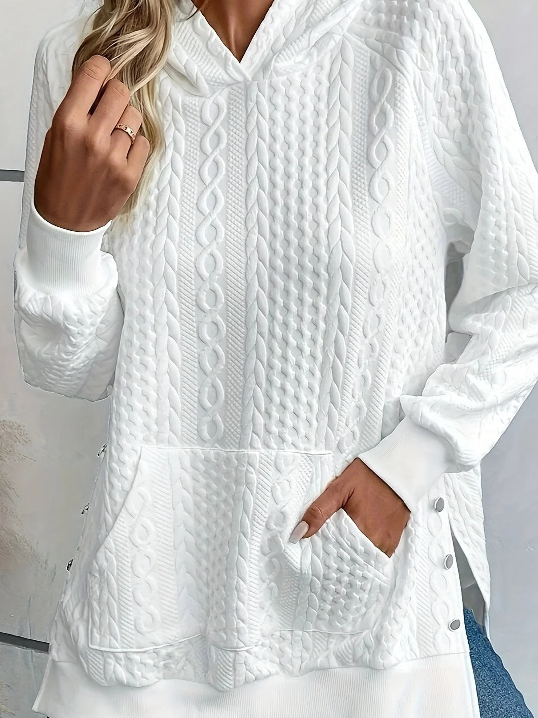 Casual Hooded Fall Fashion Side Split Buckles Long Sleeve Patch Pocket Sweatshirt