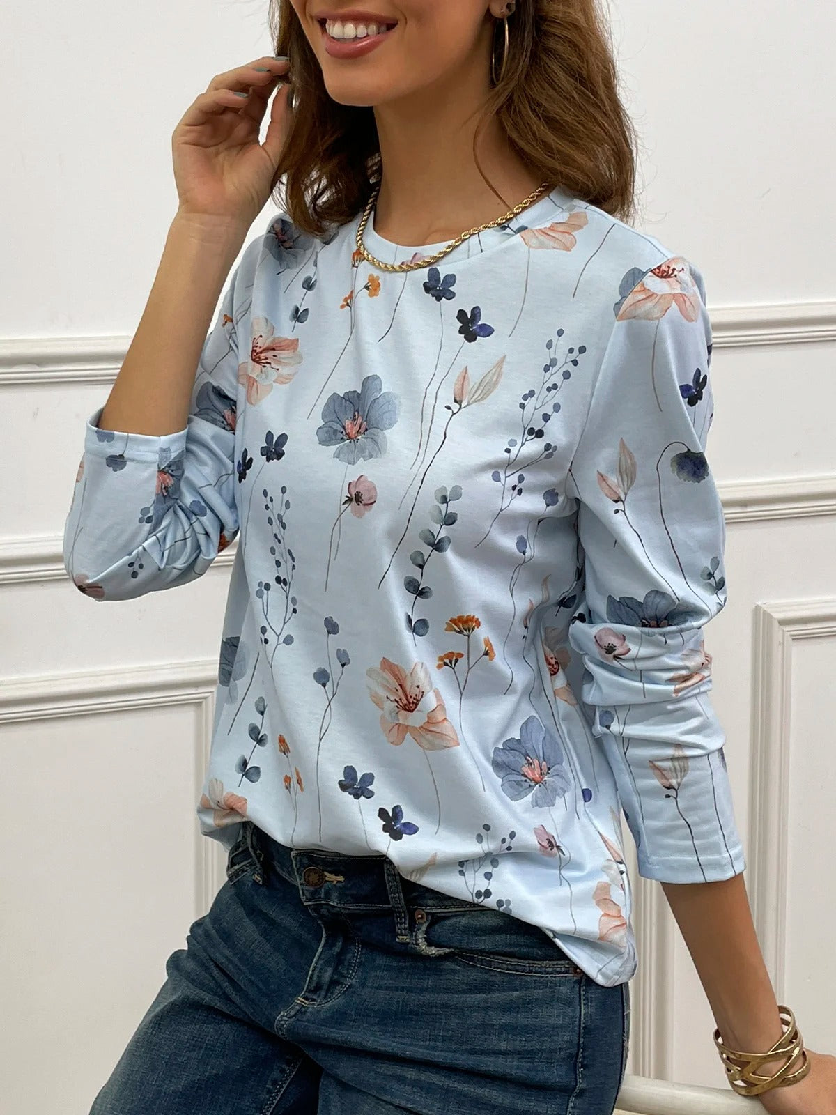 Casual Floral Print Crew Neck Long Sleeve Daily Loose Blouse