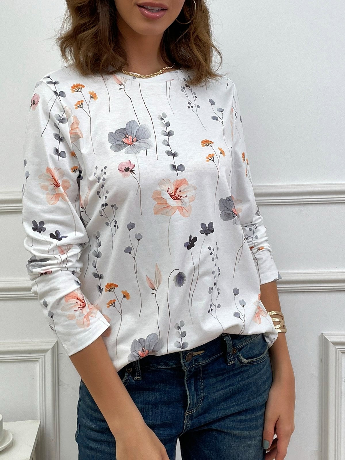 Casual Floral Print Crew Neck Long Sleeve Daily Loose Blouse