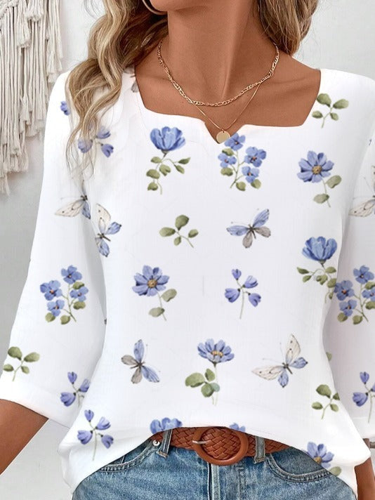 Cotton Floral Notched 3/4 Sleeves Cute Loose Blouse