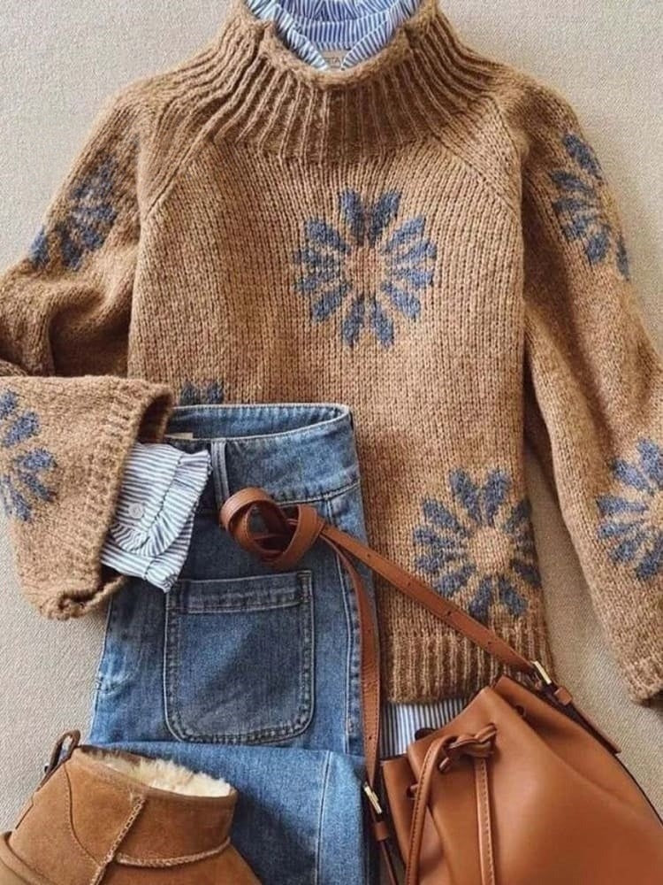 Chic Floral Print Knit Turtleneck Loose Long Sleeve Casual Sweater
