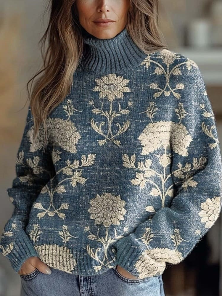 Vintage Lovely Floral Art Print Knit Turtleneck Pullover Sweater