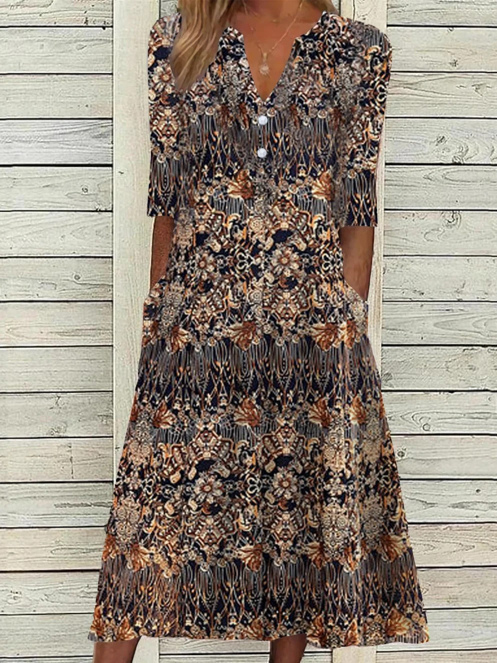 Ethnic V Neck Half Sleeve Midi Dress