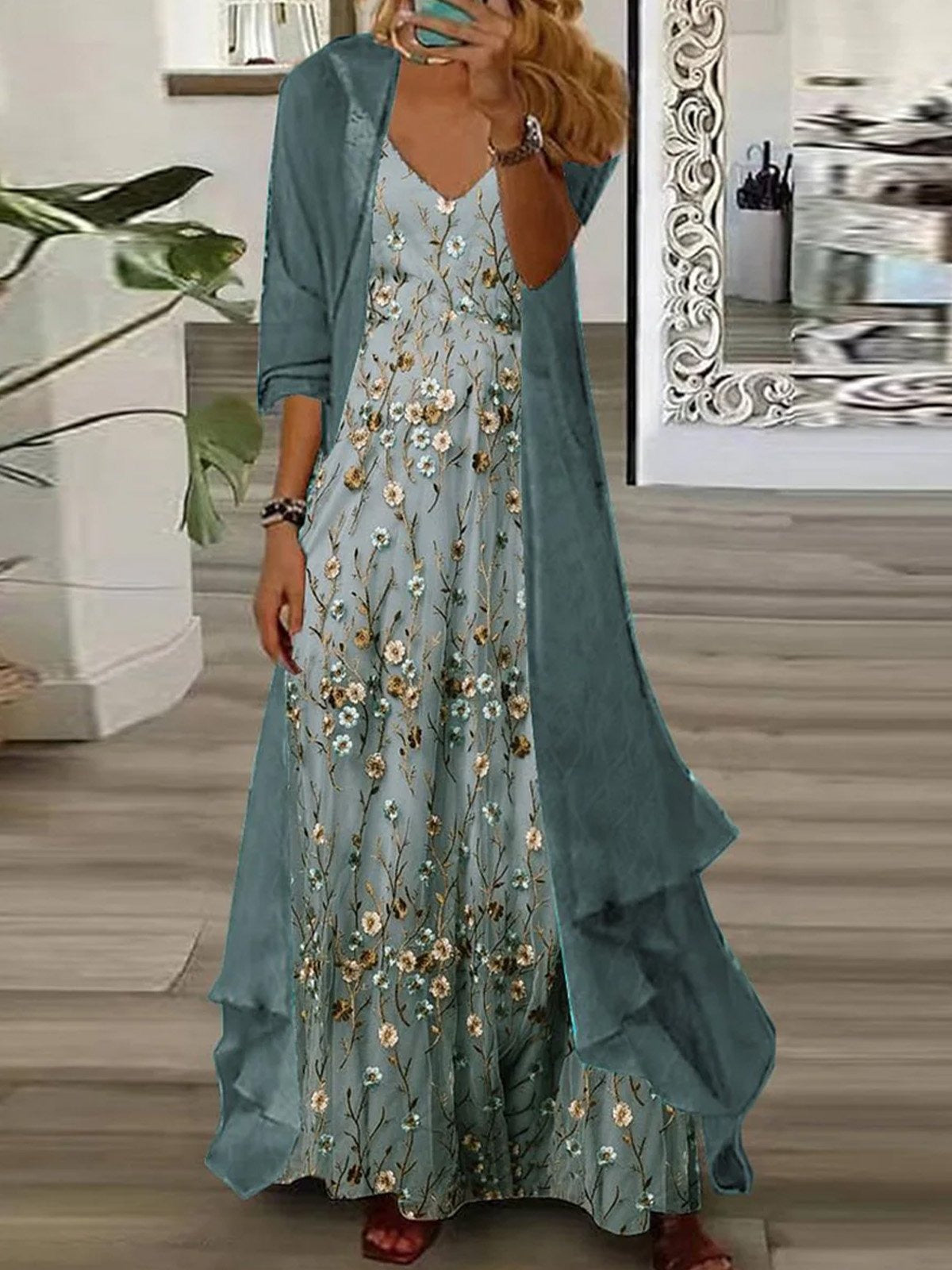 Women's Floral V Neck Three Quarter Sleeve Comfy Casual Coat With Skirt Two-Piece Set