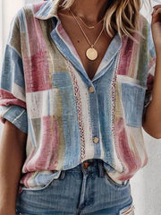 Women's Shirt Collar Short Sleeve Color Block Open Front Regular Loose Blouse
