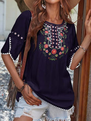 Crew Neck Casual Floral Blouse