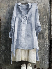 Casual Striped 3/4 Sleeve V Neck Bat Sleeve Tunic Blouse