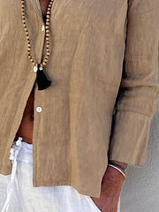 Women's Casual Plain Shirt Collar Button Down Linen Breathable Long Sleeve Blouse