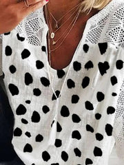Polka Dots V Neck 3/4 Sleeves Casual Blouse