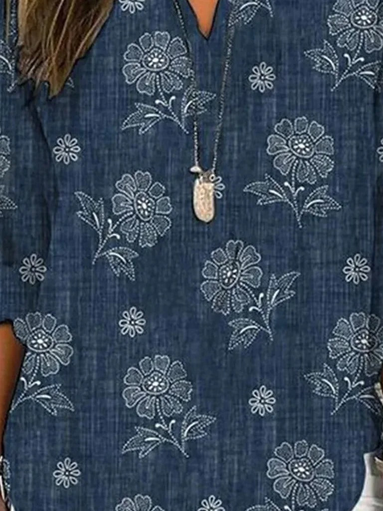 V Neck Long Sleeve Floral Regular Loose Shirt For Women