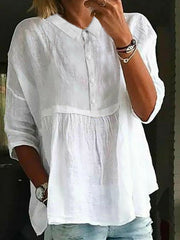 Plain Casual Shirt Collar Linen Blouse