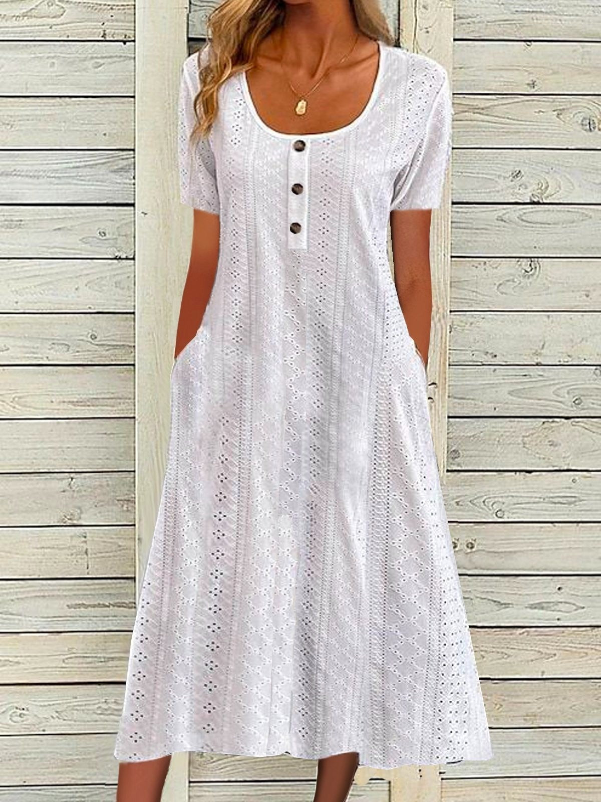 Women's Plain Crew Neck Short Sleeve Comfy Casual Buckle Maxi Dress