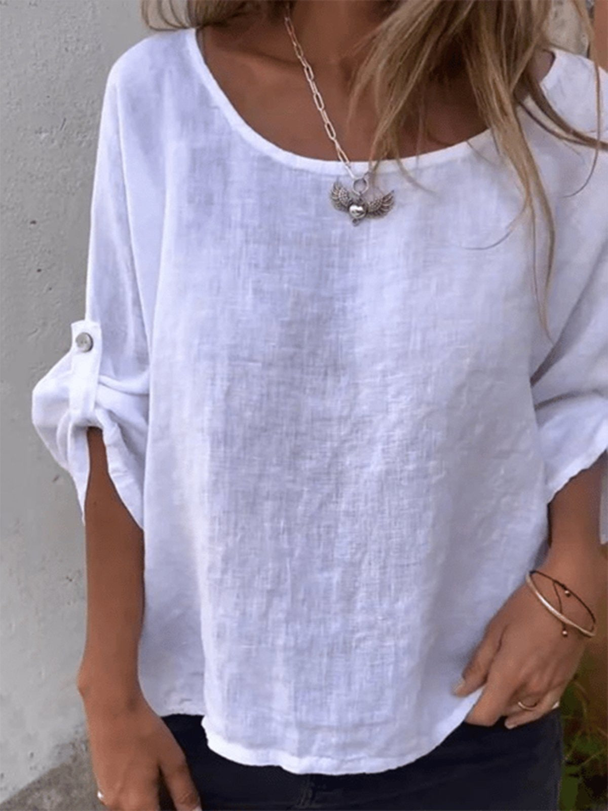 3/4 Sleeves Casual Cotton Crew Neck Plain Shirt