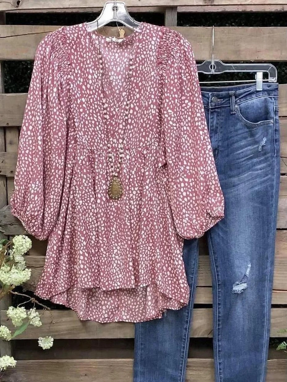 Pink Loose Abstract Polka Dots V Neck Blouse