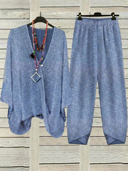 Striped V Neck Long Sleeve Loose Casual Two-Piece Set