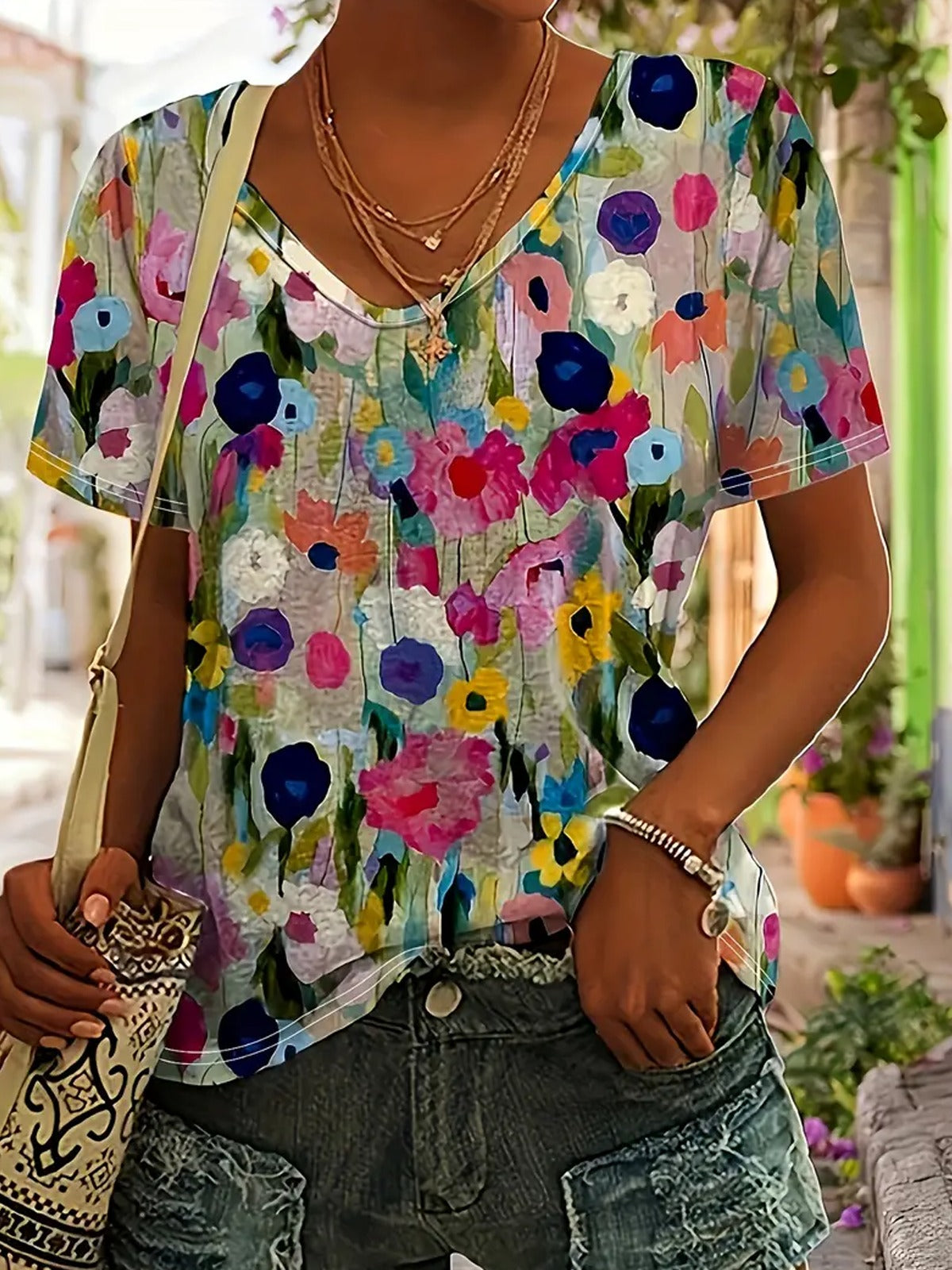 Floral Print Crew Neck Short Sleeves Loose T-shirt