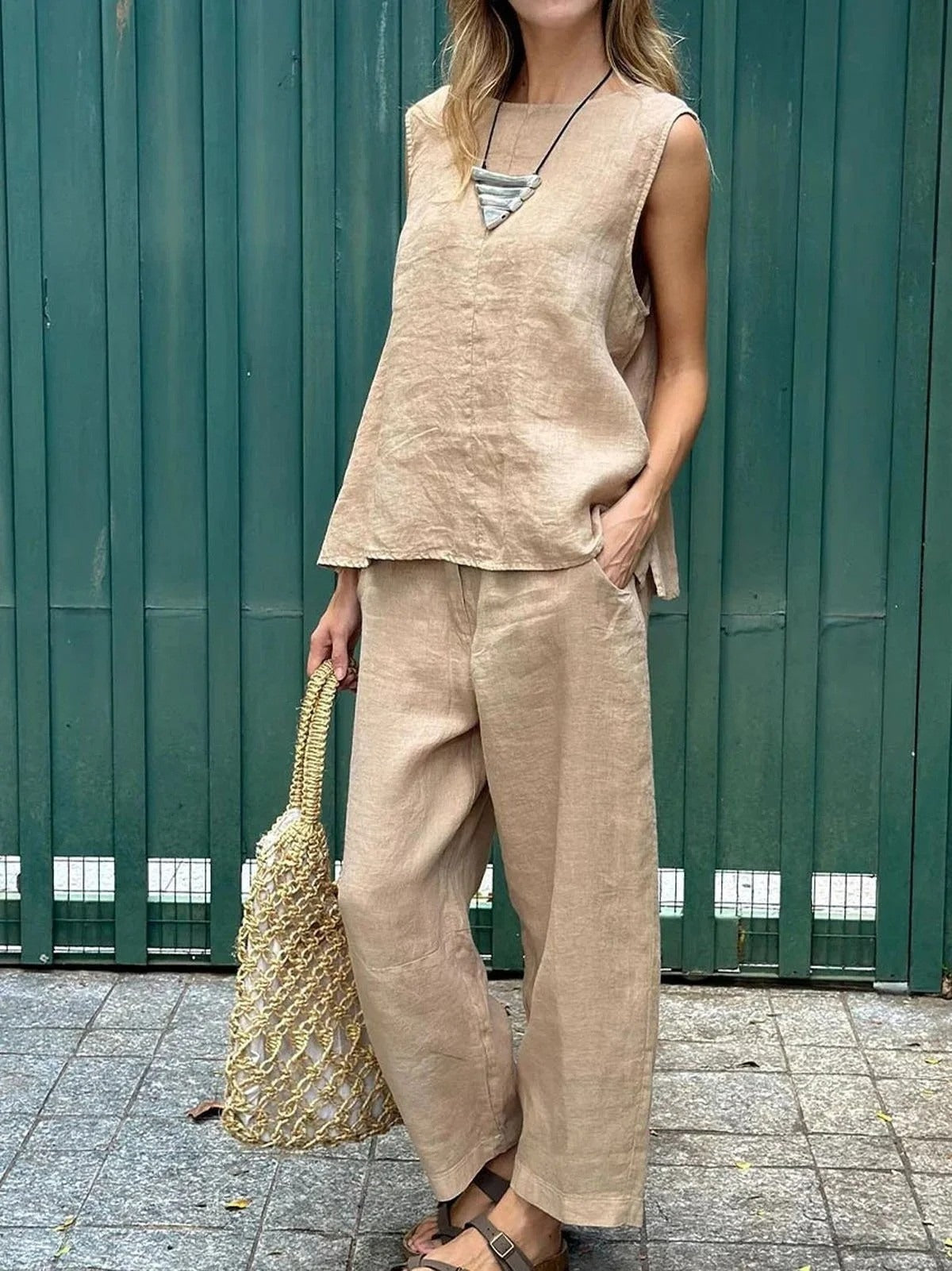 Plain Round Neck Sleeveless Casual Top With Pants Two-Piece Suits
